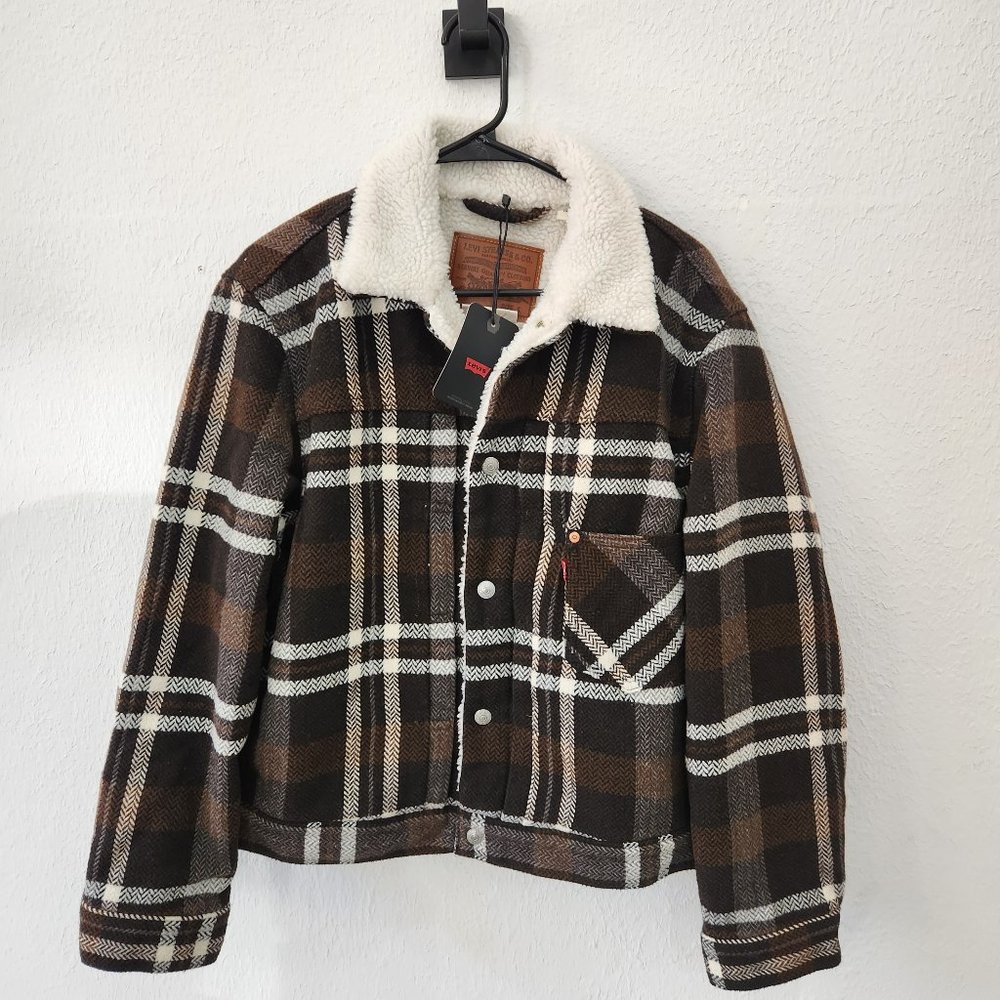 Levis Strauss Jacket Mens Sherpa Lined Brown Paid Flannel Size Small